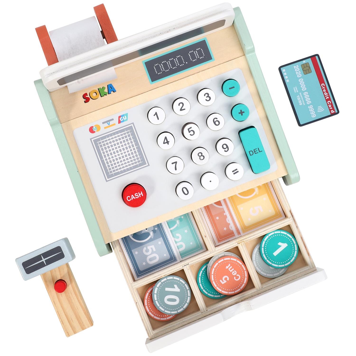SOKA FunZone cash register 0000479 with colorful buttons and a toy scanner, designed for imaginative play.