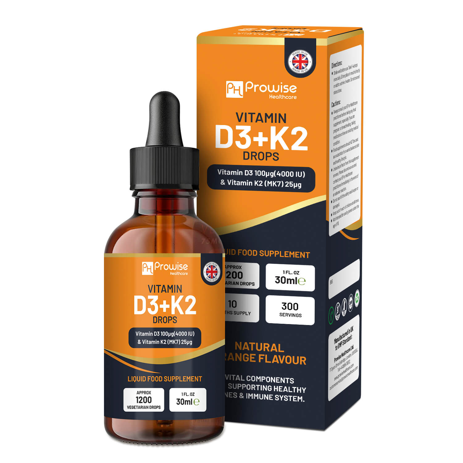 GlowCare Vitamin D3 4000iu and K2 MK7 orange liquid drops in a 30ml bottle on a clean background.