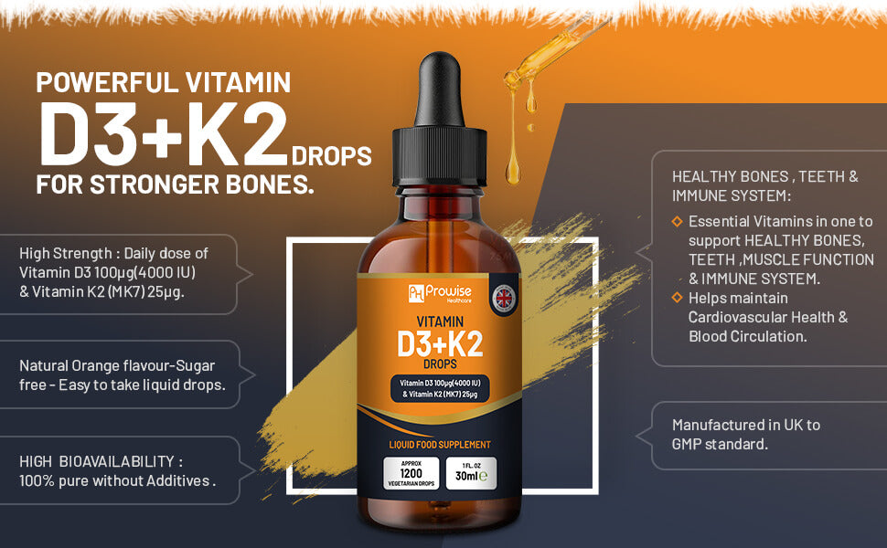 GlowCare Vitamin D3 4000iu and K2 MK7 orange liquid drops in a 30ml bottle with a dropper.