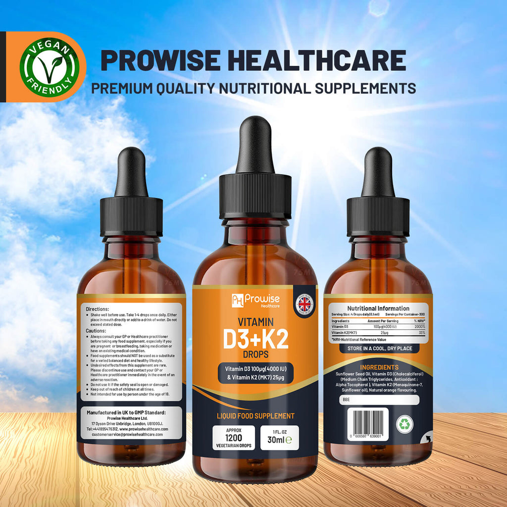 GlowCare Vitamin D3 4000iu and K2 MK7 25µg orange liquid drops in a 30ml bottle on a white background.