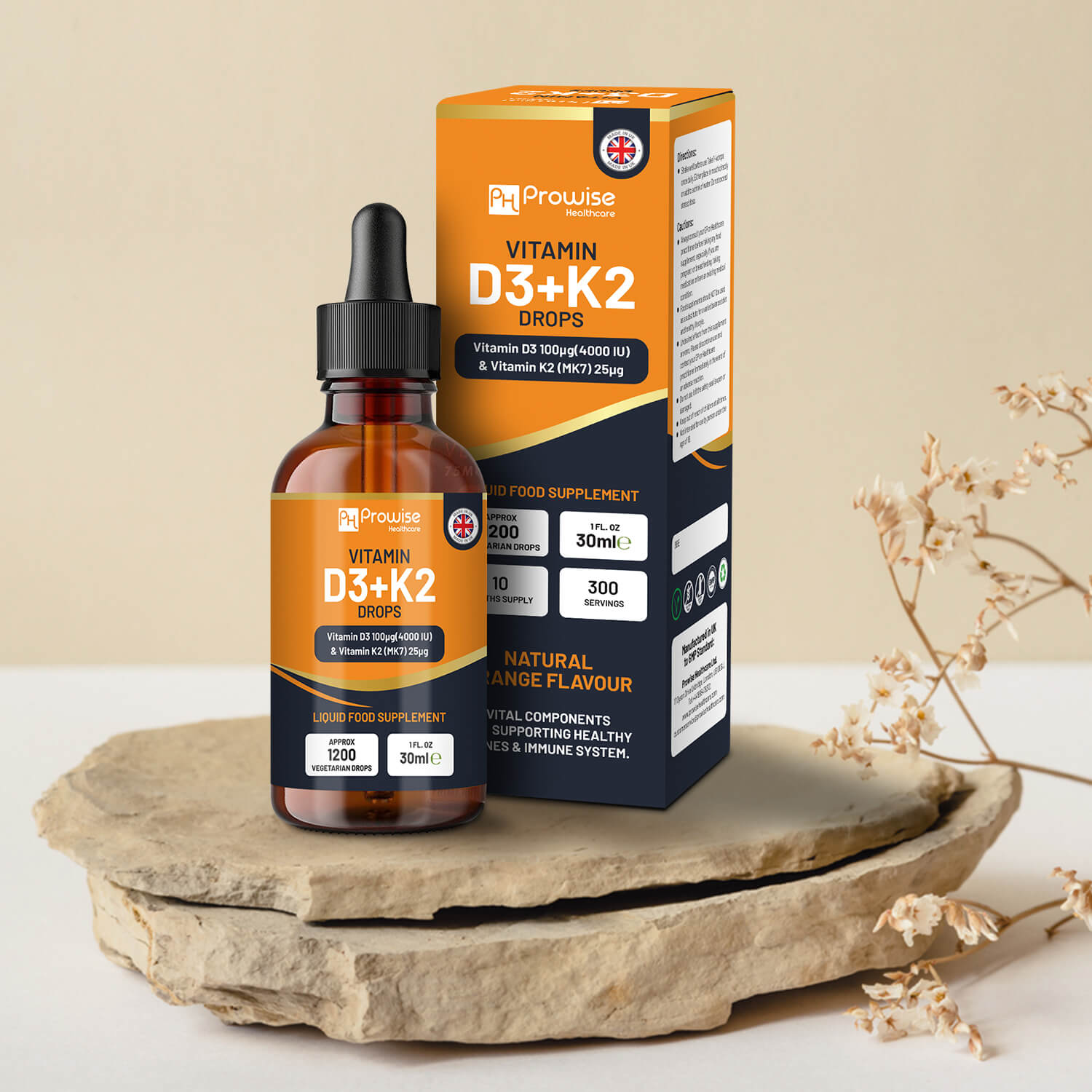 GlowCare Vitamin D3 4000iu and K2 MK7 orange liquid drops in a 30ml bottle on a white background.