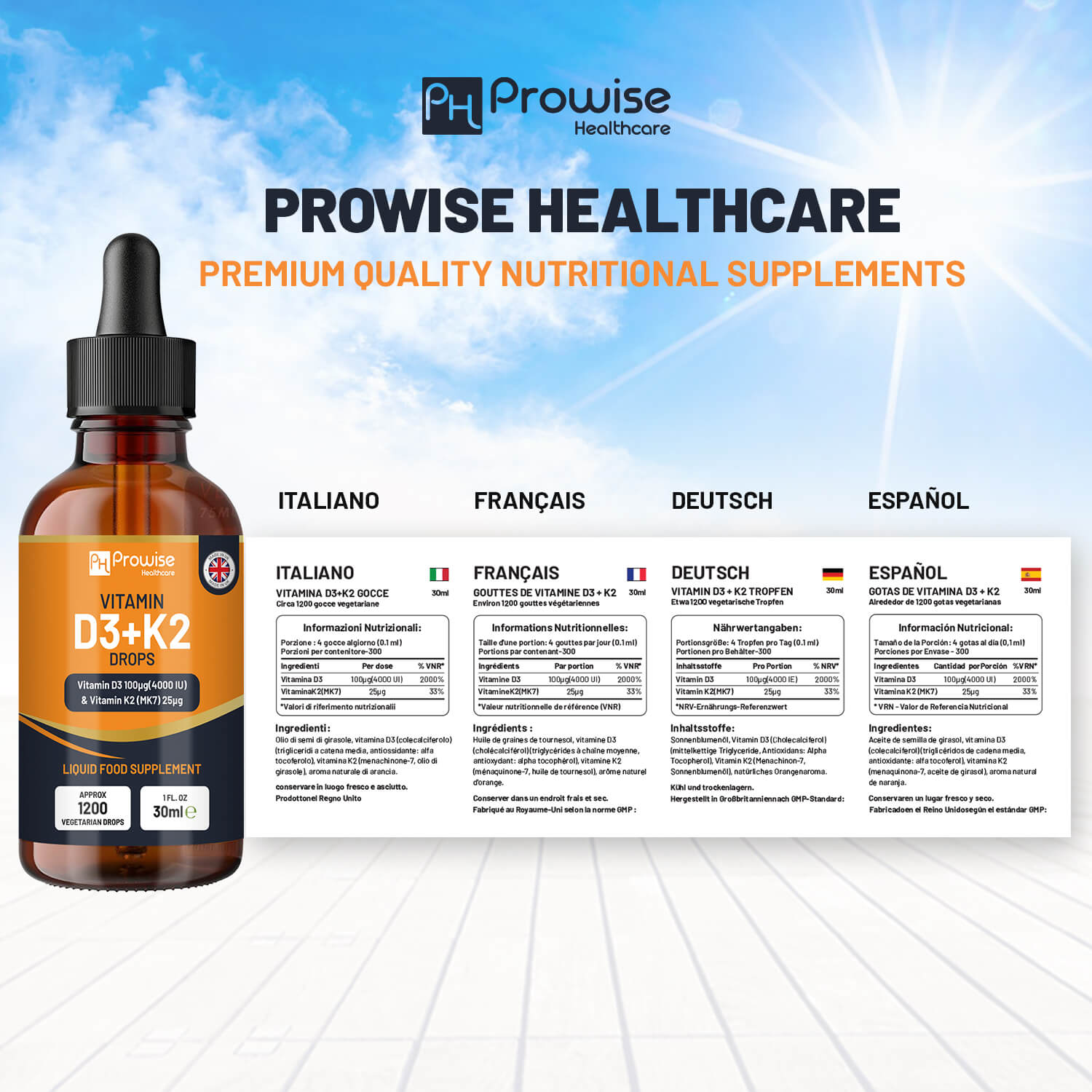 GlowCare Vitamin D3 4000iu and K2 MK7 orange liquid drops in a 30ml bottle against a white background.