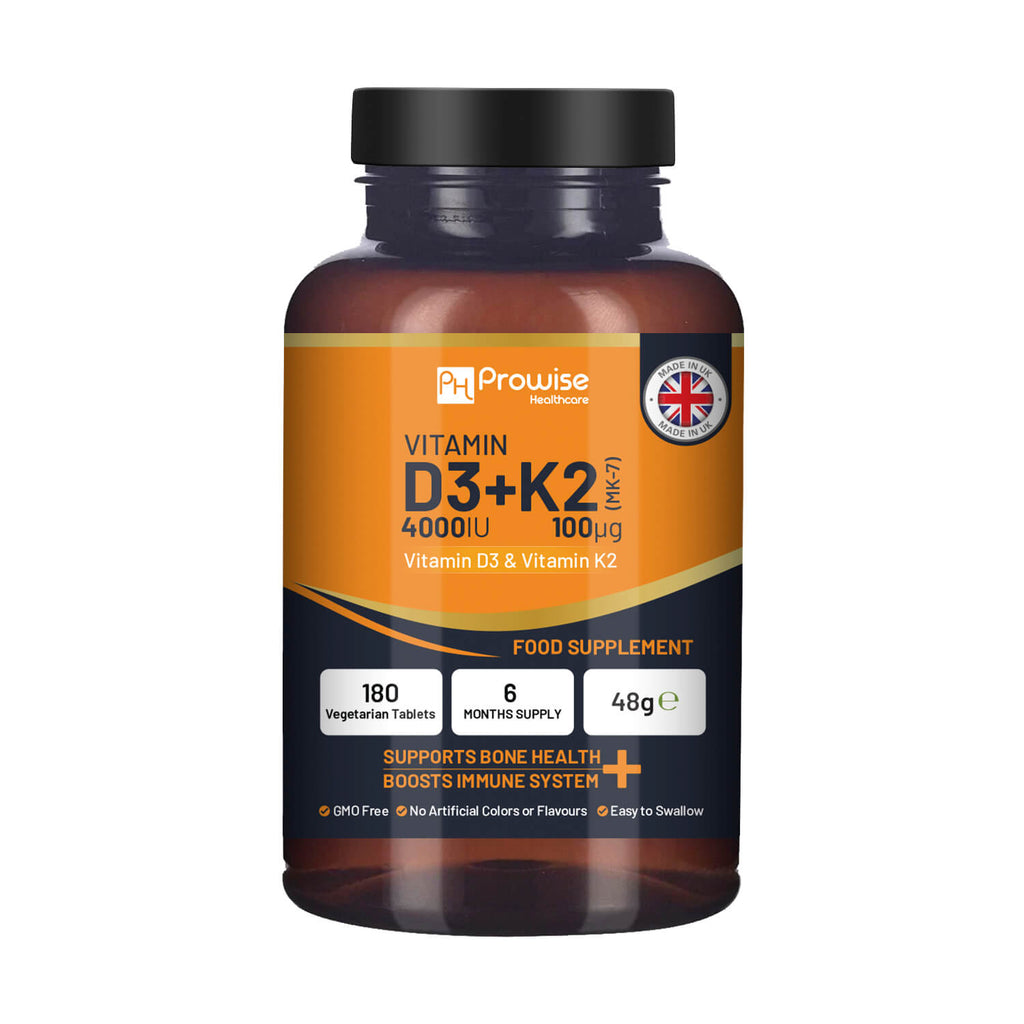 Prowise Healthcare Vitamin D3 4000IU & K2 MK7 vegetarian tablets in a bottle for immune support and bone health.