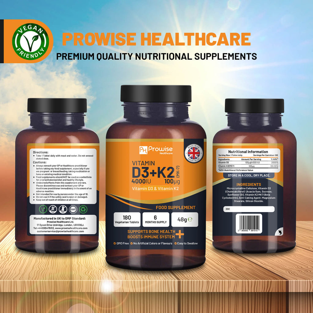 Prowise Healthcare Vitamin D3 4000IU & K2 MK7 vegetarian tablets in a bottle for immune support and calcium boost.