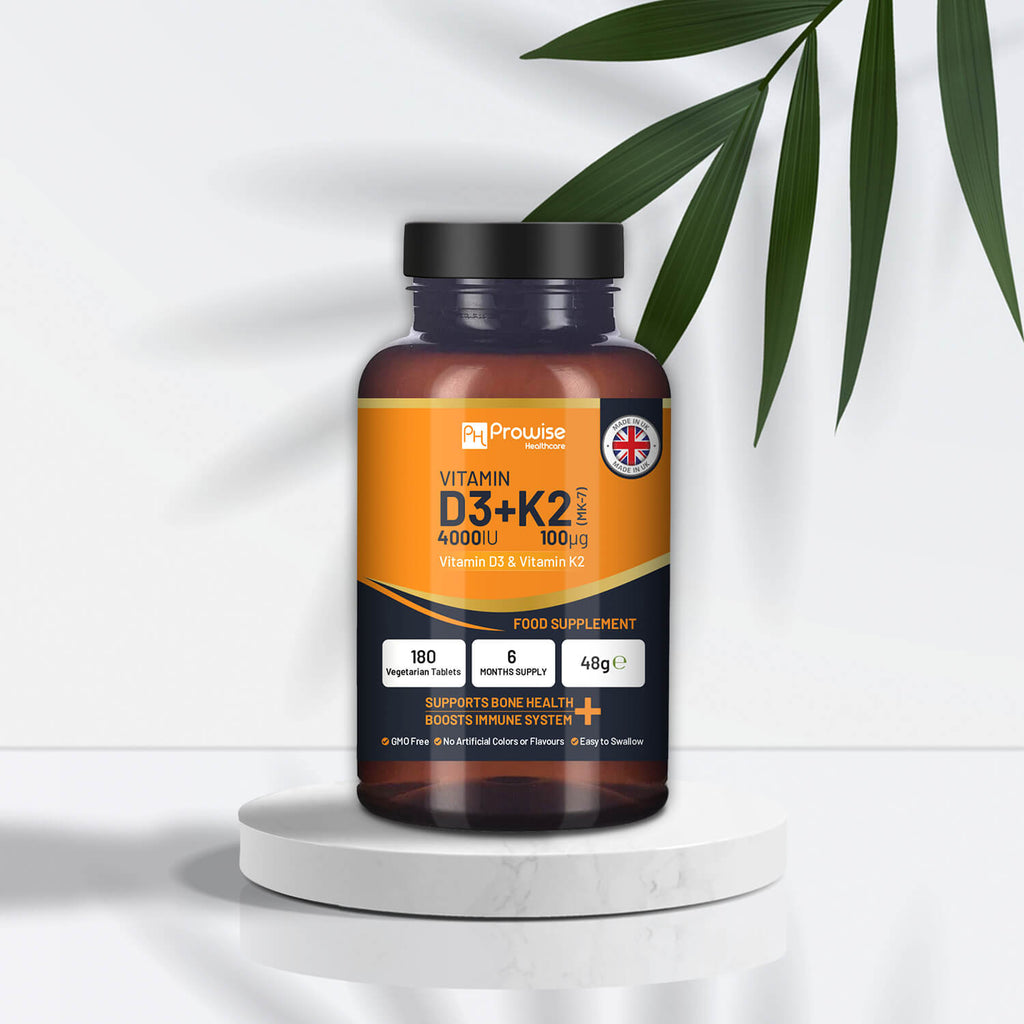 Prowise GlowCare Vitamin D3 4000IU and K2 MK7 supplement tablets in a bottle for immune support and bone health.