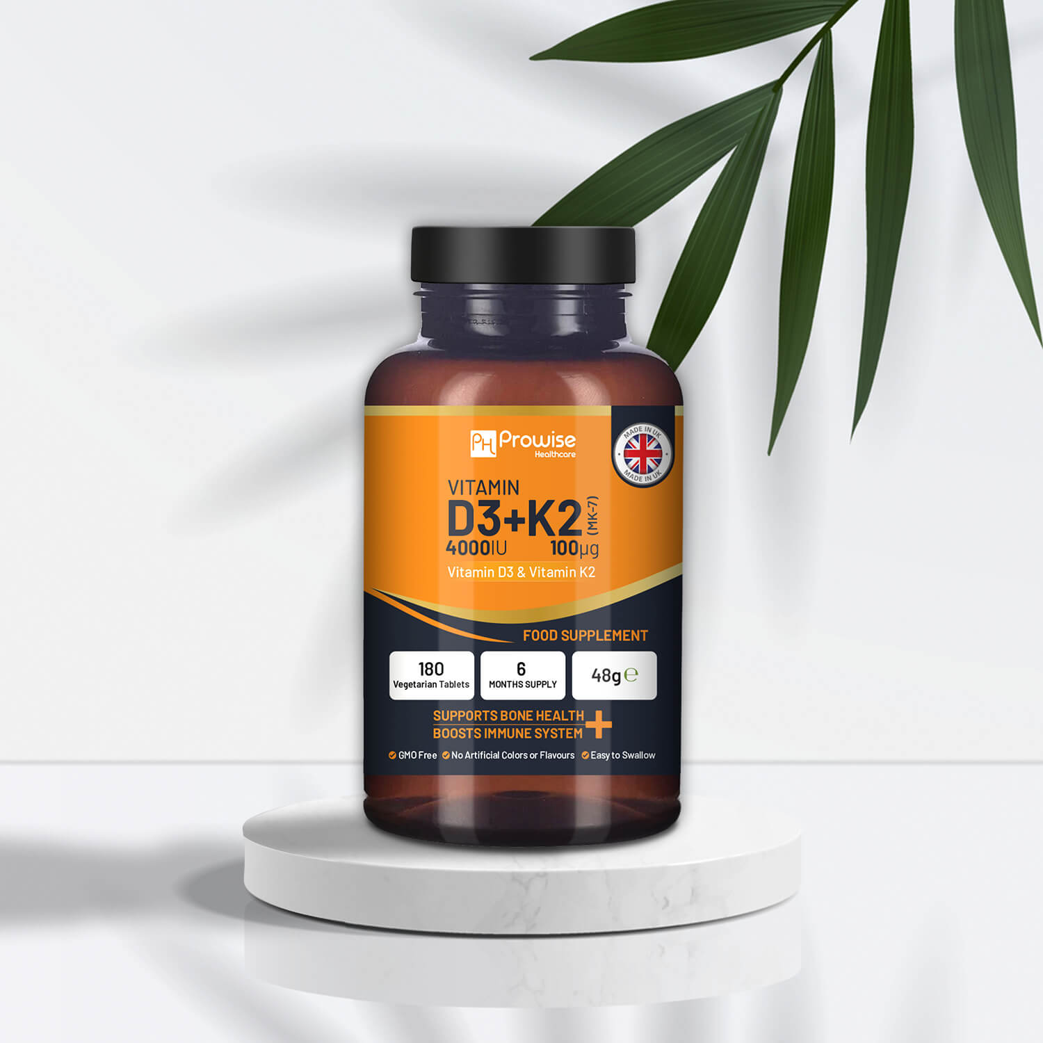 Prowise GlowCare Vitamin D3 4000IU and K2 MK7 supplement tablets in a bottle for immune support and bone health.