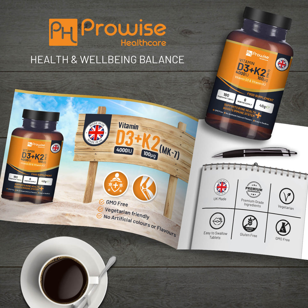 Vitamin D3 4000IU & K2 MK7 100μg vegetarian tablets by Prowise, featuring a bottle with 180 tablets for immune support.