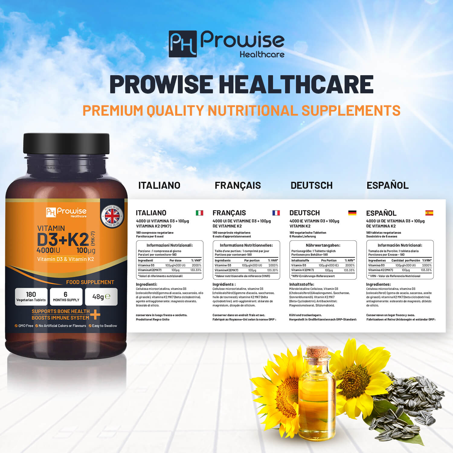 Prowise Healthcare Vitamin D3 4000IU & K2 MK7 vegetarian tablets in bottle for immune support and bone health.