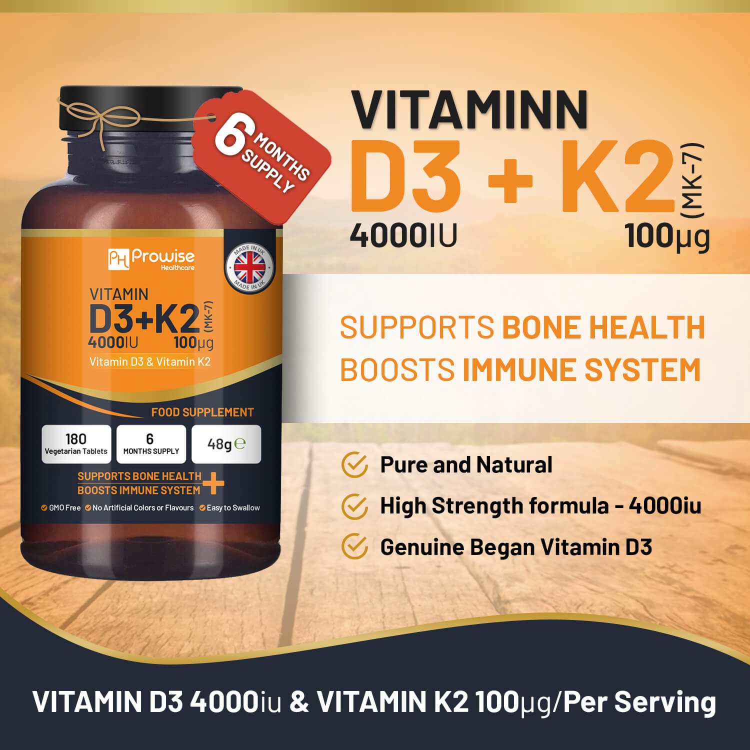 Prowise Healthcare Vitamin D3 4000IU and K2 MK7 vegetarian tablets for immune support and bone health, 180 count.