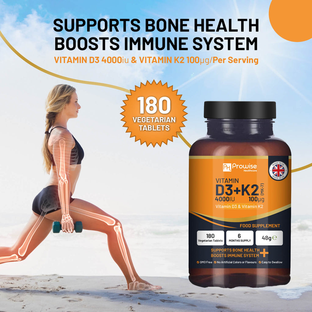 Vitamin D3 4000IU and K2 MK7 100μg vegetarian tablets by Prowise in a bottle for immune support and bone health.