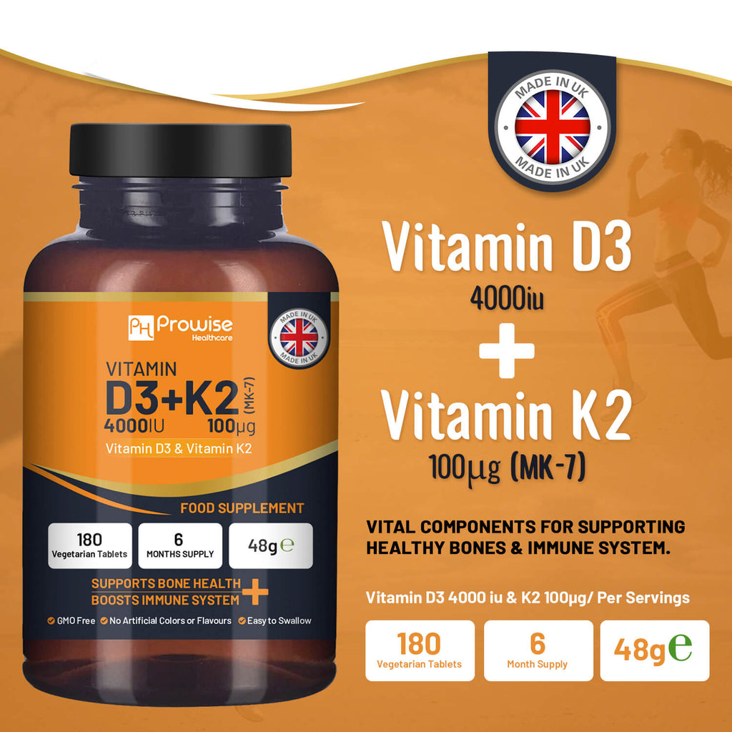 Prowise Healthcare Vitamin D3 4000IU & K2 MK7 supplement tablets for immune support and bone health in a bottle.
