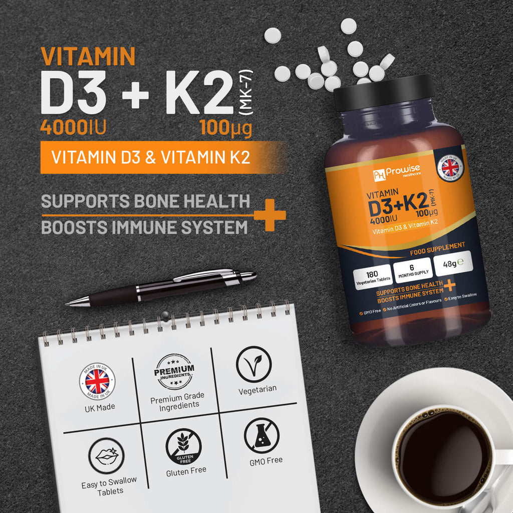 Vitamin D3 4000IU and K2 MK7 100μg vegetarian tablets by Prowise, shown in a bottle for immune support and bone health.