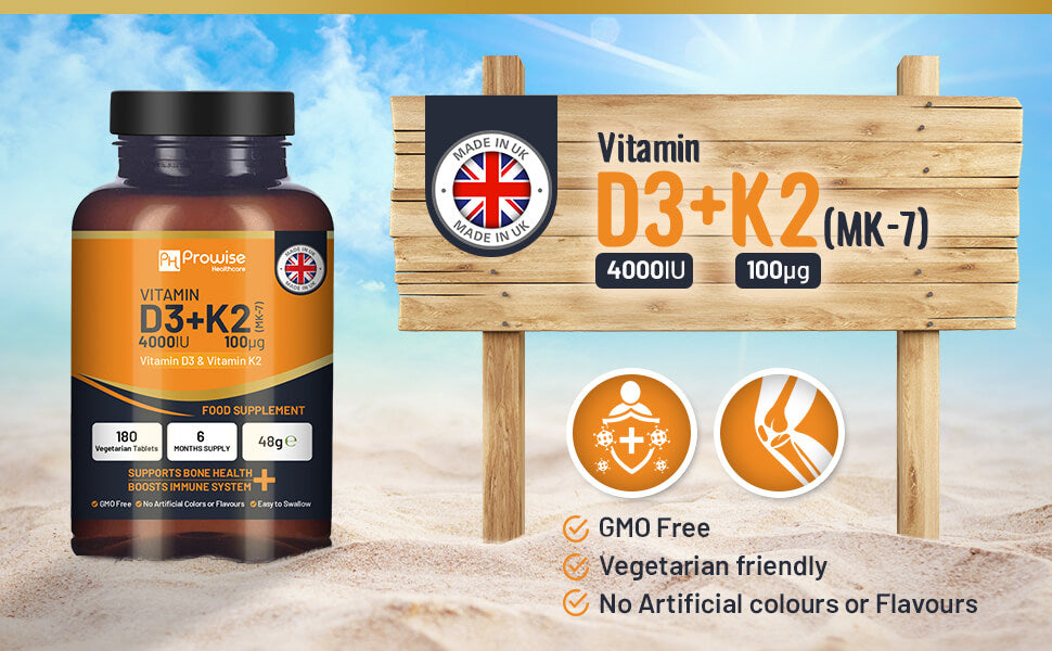 Prowise GlowCare Vitamin D3 4000IU & K2 MK7 supplement tablets in a bottle for immune support and bone health.
