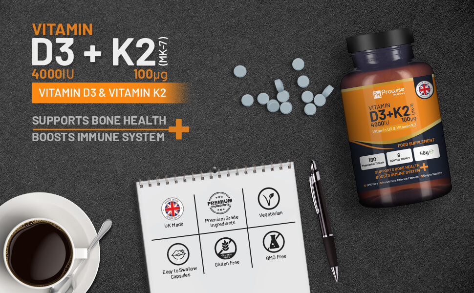 Prowise Vitamin D3 4000IU & K2 MK7 supplement tablets in a bottle for immune support and bone health.