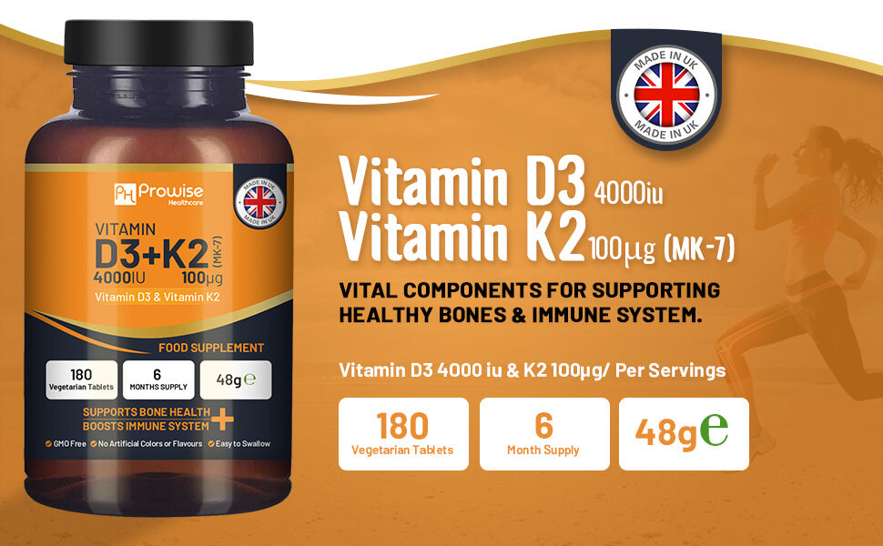 Prowise Vitamin D3 4000IU & K2 MK7 supplement tablets for immune support and bone health in a bottle with 180 tablets.