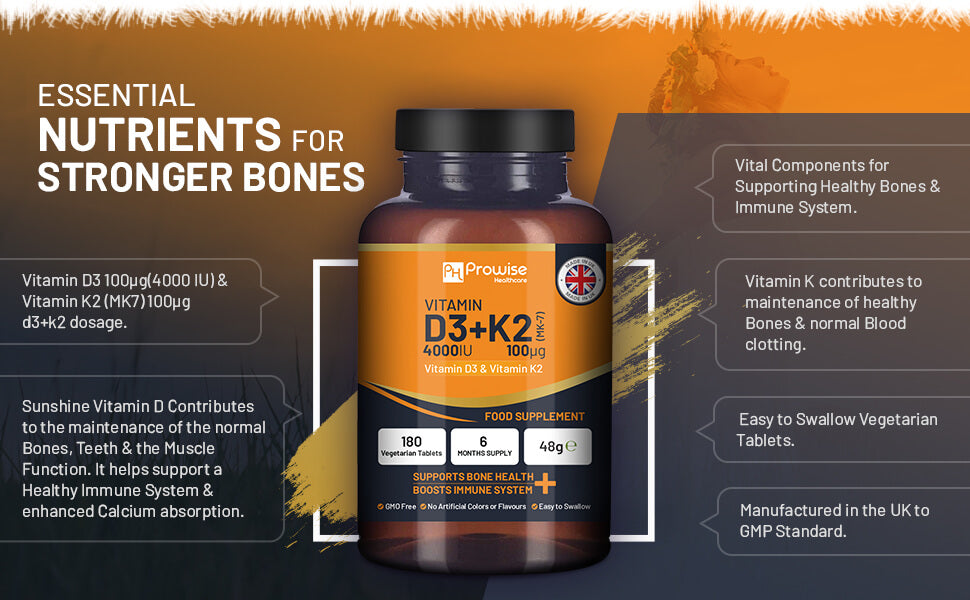 Vitamin D3 4000IU and K2 MK7 100μg vegetarian tablets in a bottle for immune support and bone health by Prowise.