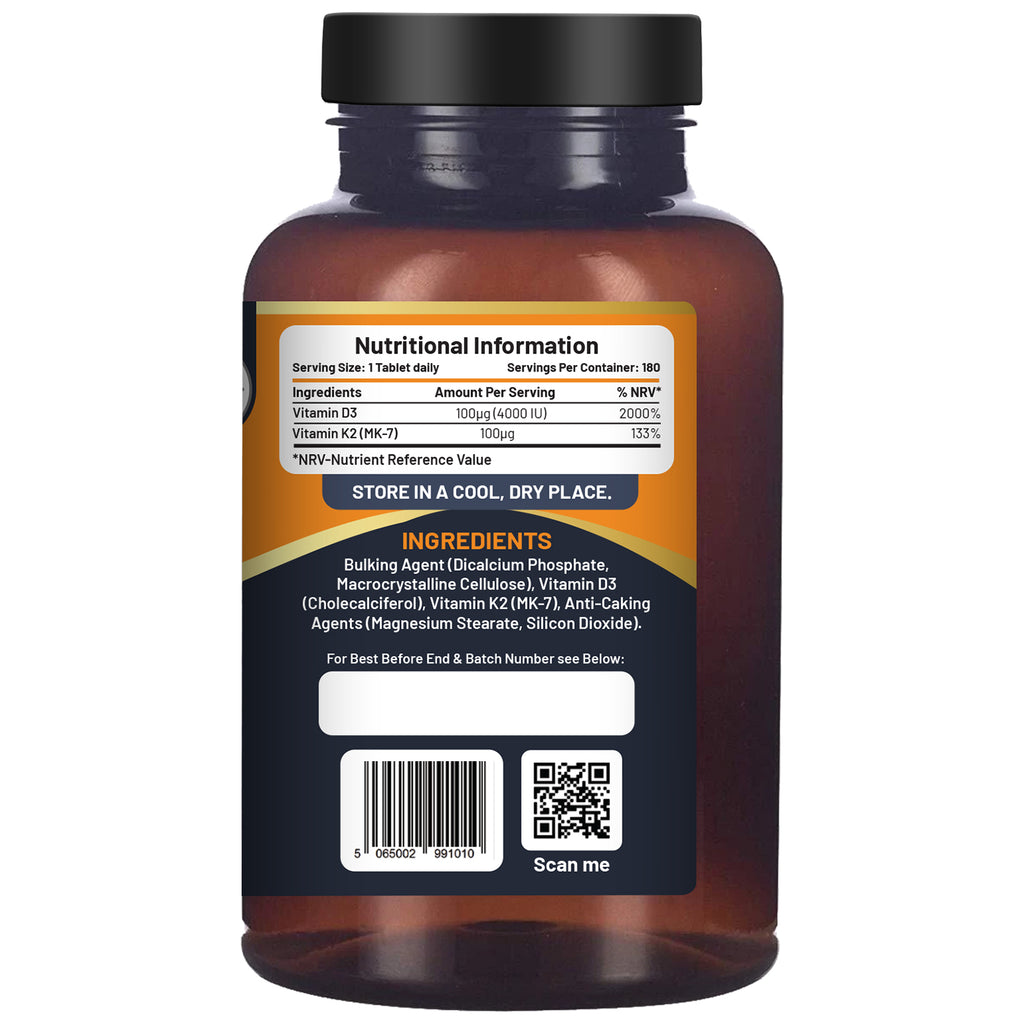 Vitamin D3 4000IU and K2 MK7 vegetarian tablets in a bottle for immune support and bone health by Prowise Healthcare.