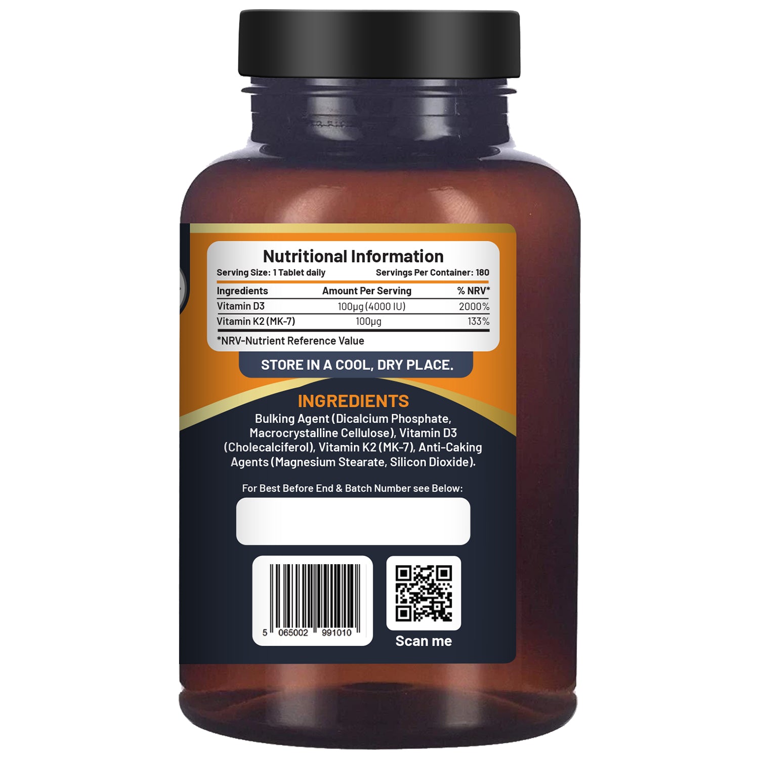 Vitamin D3 4000IU and K2 MK7 vegetarian tablets in a bottle for immune support and bone health by Prowise Healthcare.