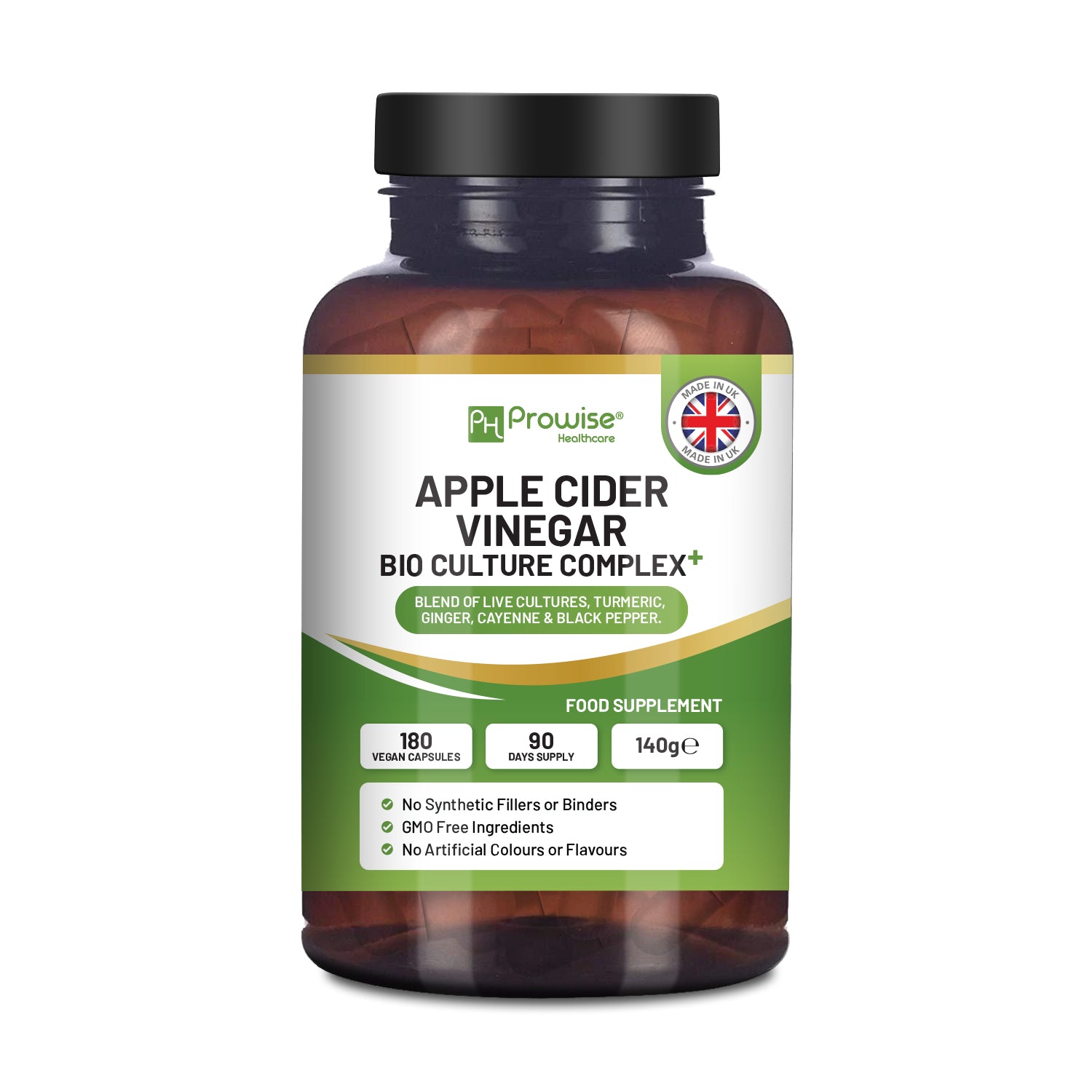Apple Cider Vinegar capsules with Bio Cultures Complex, vegan 1300mg, 180 count, by Prowise Healthcare, UK made.