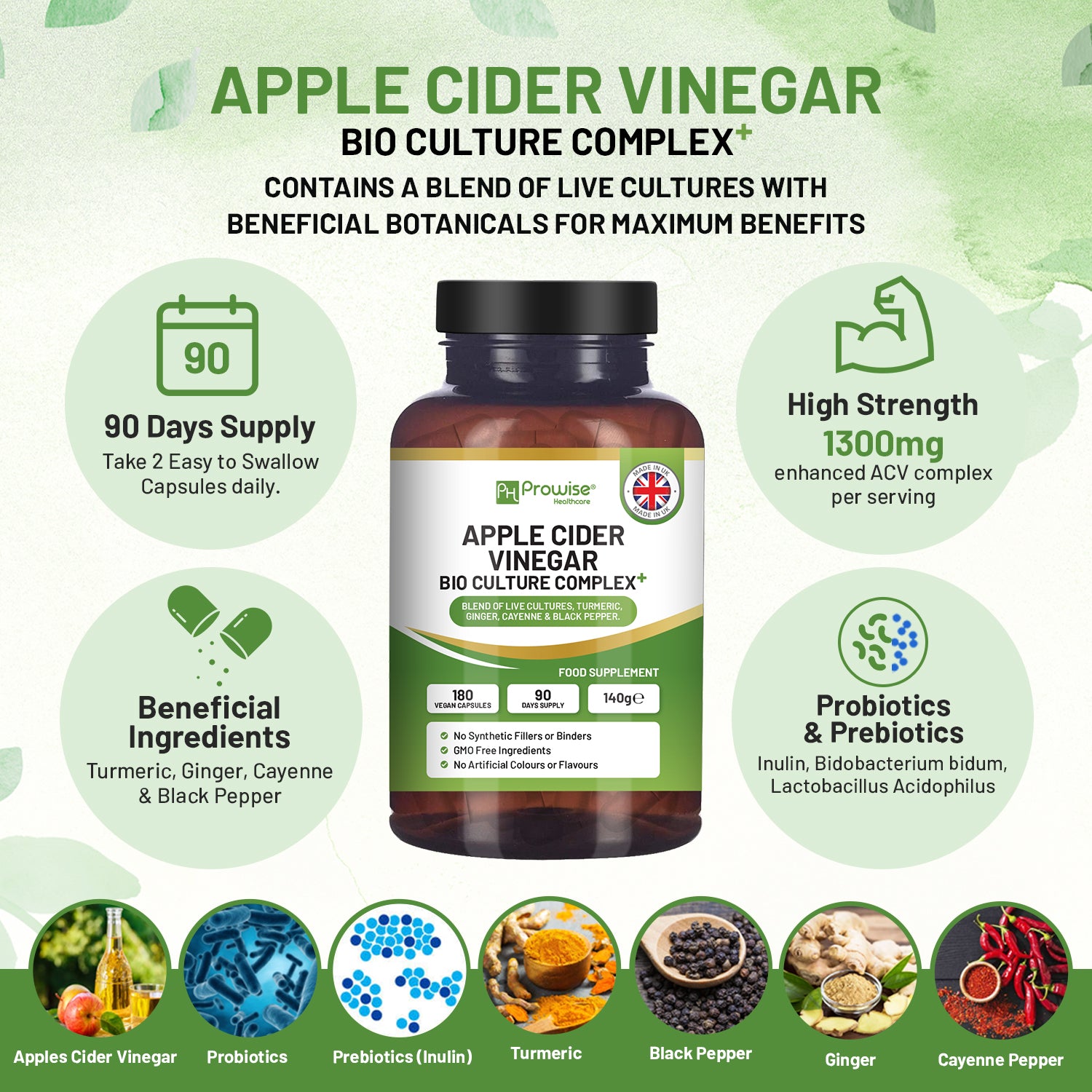 Apple Cider Vinegar capsules with Bio Cultures Complex by Prowise, showcasing 180 vegan capsules in a bottle.