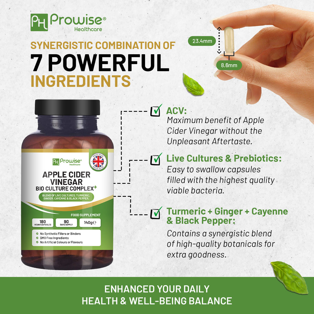 Apple Cider Vinegar capsules with bio cultures, 1300mg, 180 count, vegan, by Prowise Healthcare, made in the UK.