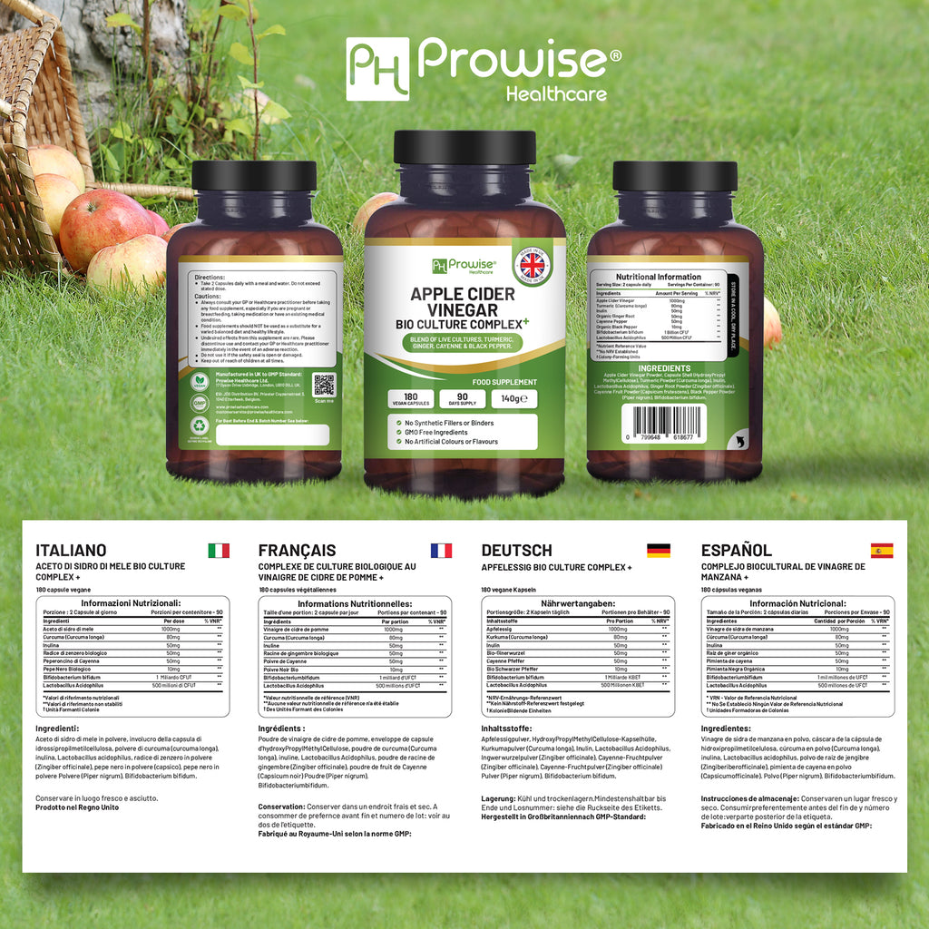 Apple Cider Vinegar capsules with bio cultures, 1300mg, 180 vegan capsules by Prowise Healthcare, made in the UK.