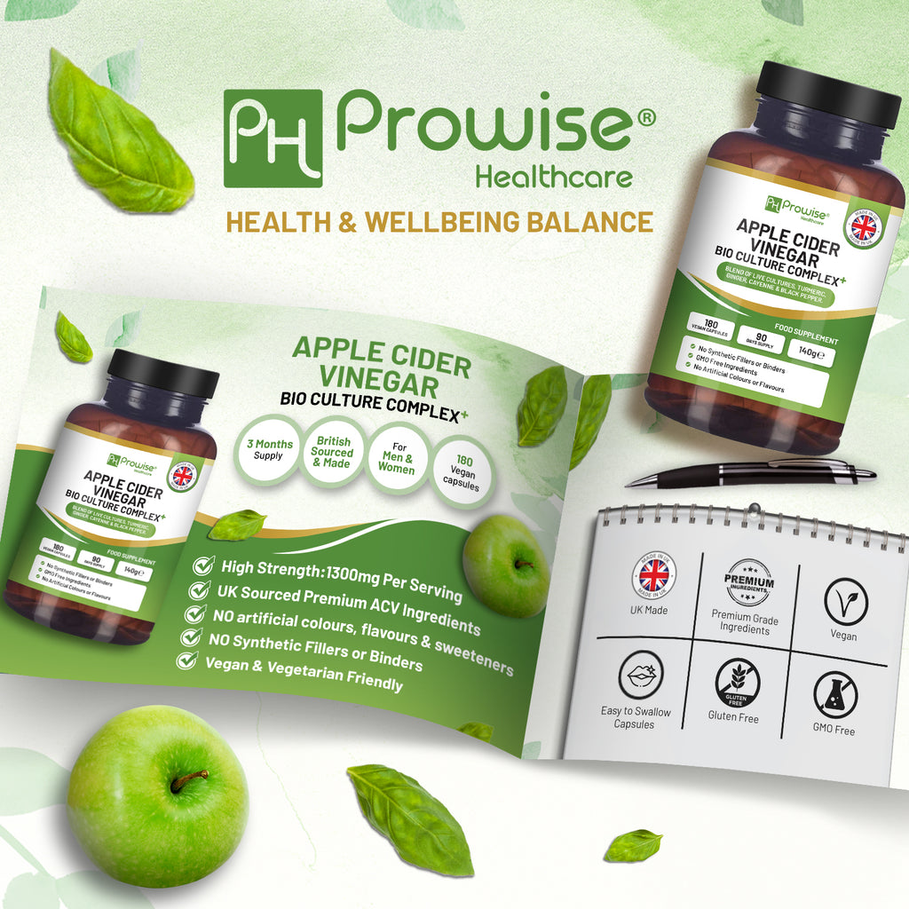 Apple Cider Vinegar capsules with Bio Cultures Complex, 1300mg, vegan, Prowise, in a bottle displaying 180 capsules.