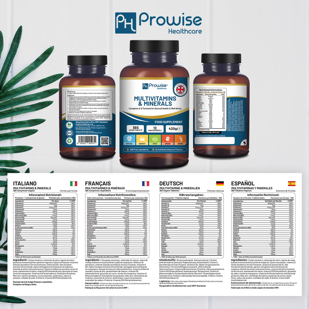 GlowCare A-Z Multivitamins & Minerals by Prowise Healthcare, 365 vegan tablets in a bottle with a white background.