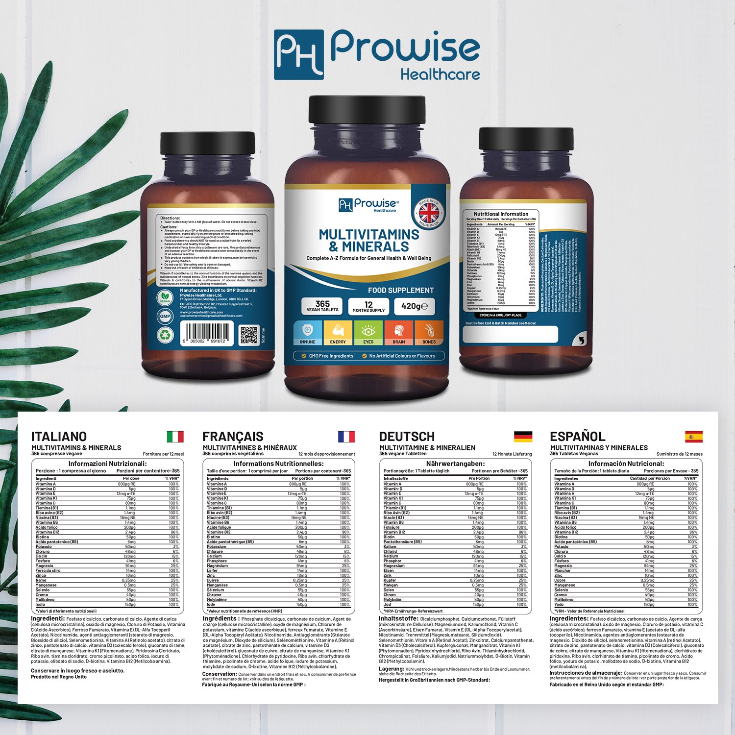 GlowCare A-Z Multivitamins & Minerals by Prowise Healthcare, 365 vegan tablets in a bottle with a white background.