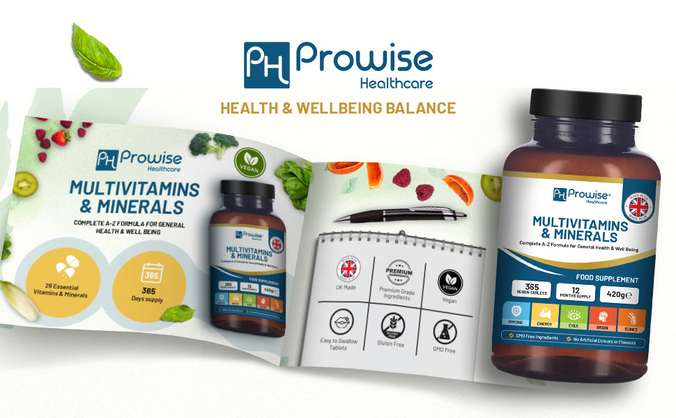 A-Z Multivitamins & Minerals tablets by Prowise Healthcare in a bottle, showcasing vegan-friendly multivitamin tablets.