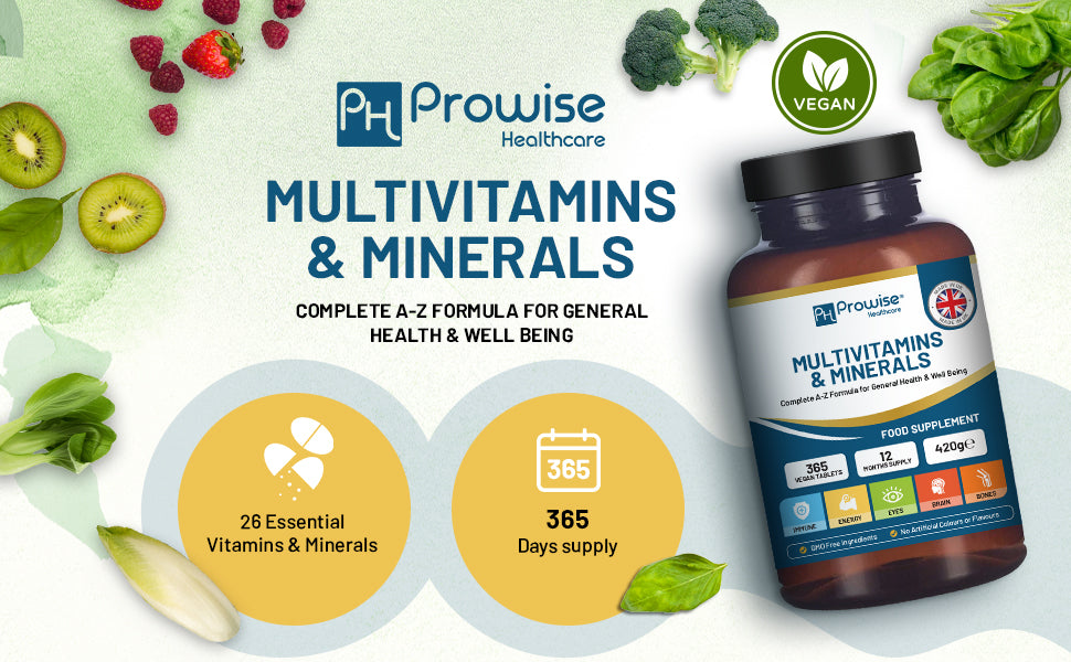 GlowCare A-Z multivitamins and minerals, 365 vegan tablets in a bottle by Prowise Healthcare on a white background.