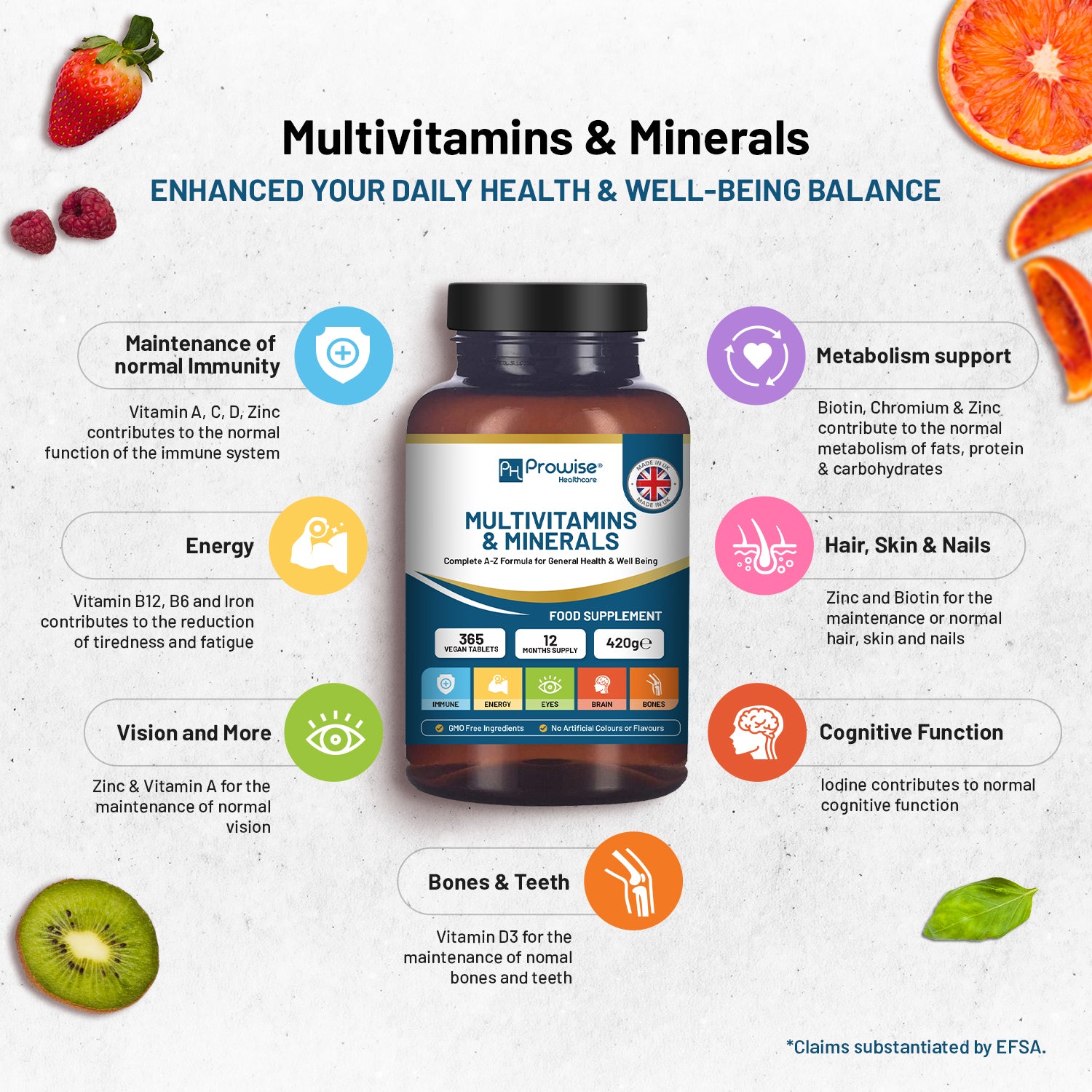 A-Z Vegan Multivitamins & Minerals tablets by Prowise Healthcare in a bottle, showcasing the label and tablet size.