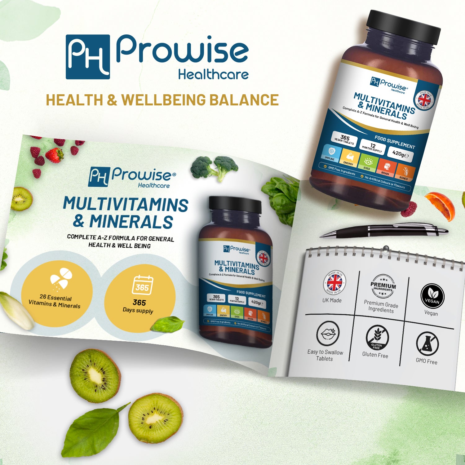 A-Z Vegan Multivitamins & Minerals by Prowise Healthcare, 365 tablets in a bottle on a white background.