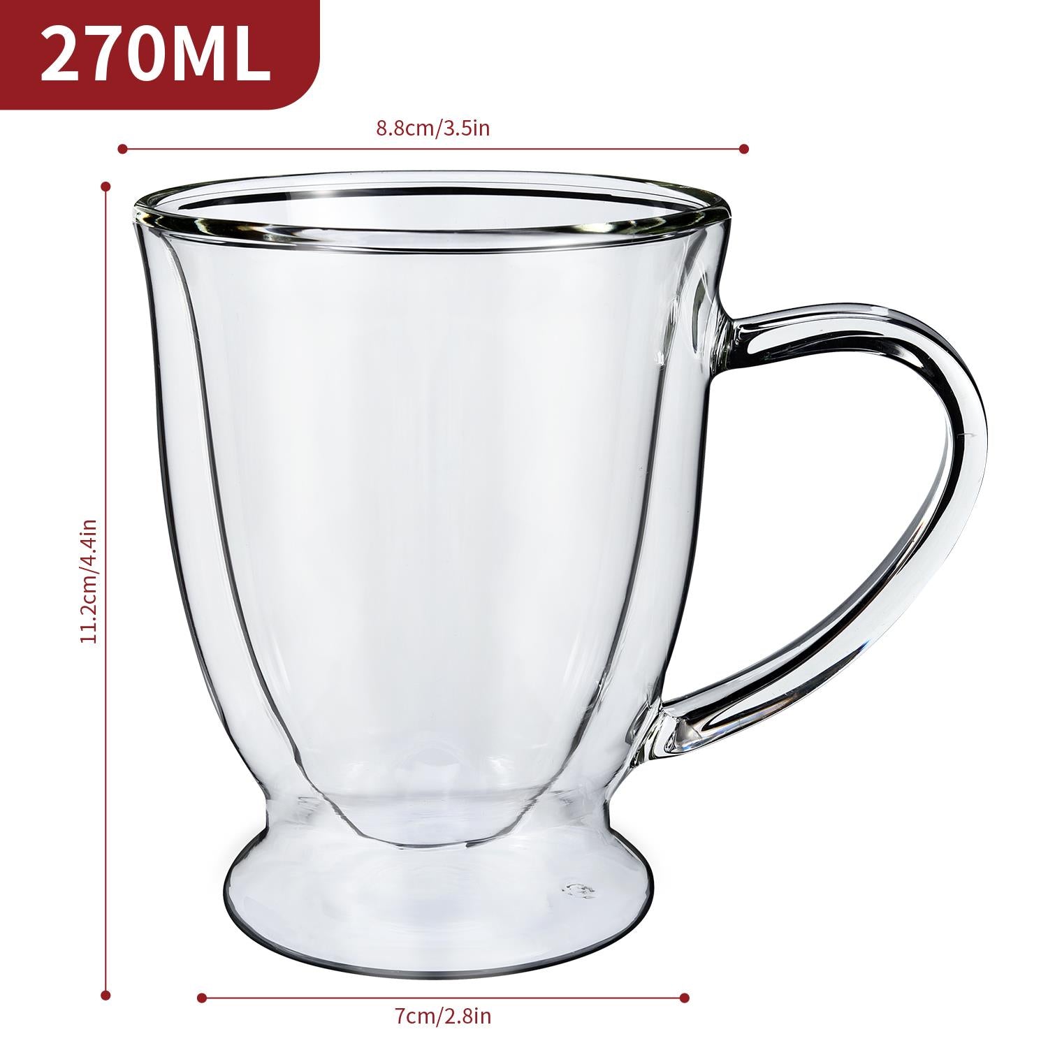 Set of 2 Vinsani double wall borosilicate glasses, 270ml, showcasing heat-resistant design and elegant shape.