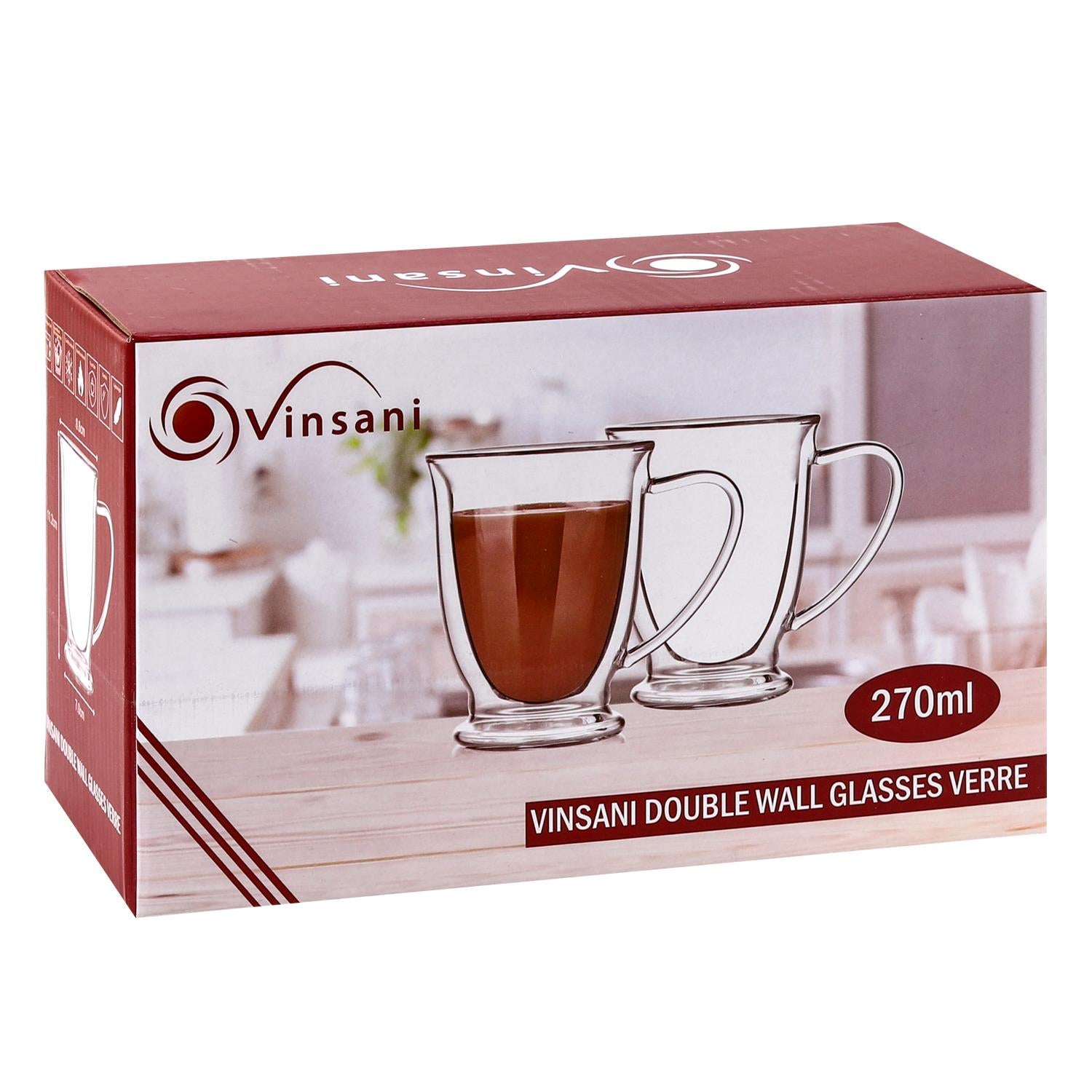 Set of 2 Vinsani double wall glasses, 270ml borosilicate glass, showcasing a modern design and heat-resistant feature.