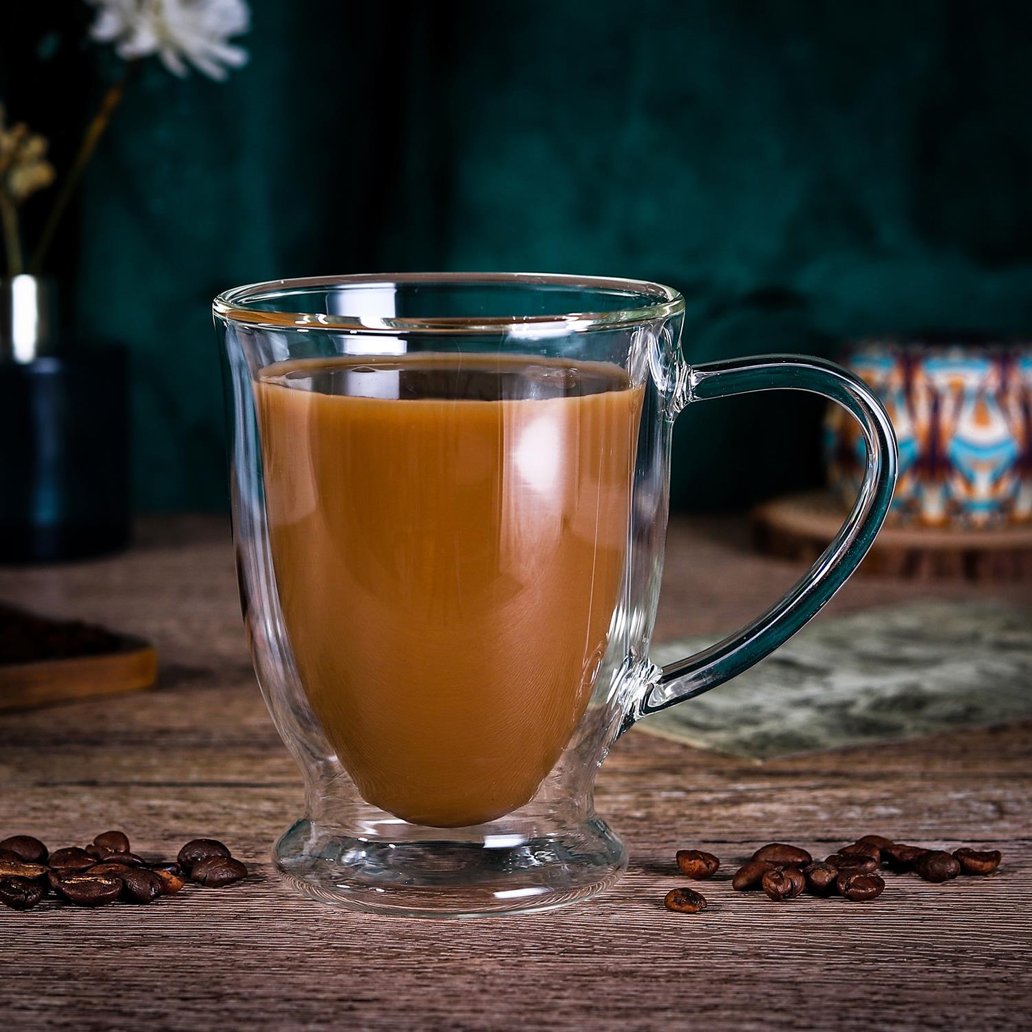 Set of 2 Vinsani double wall borosilicate glasses, 270ml, showcasing heat-resistant design and elegant shape.