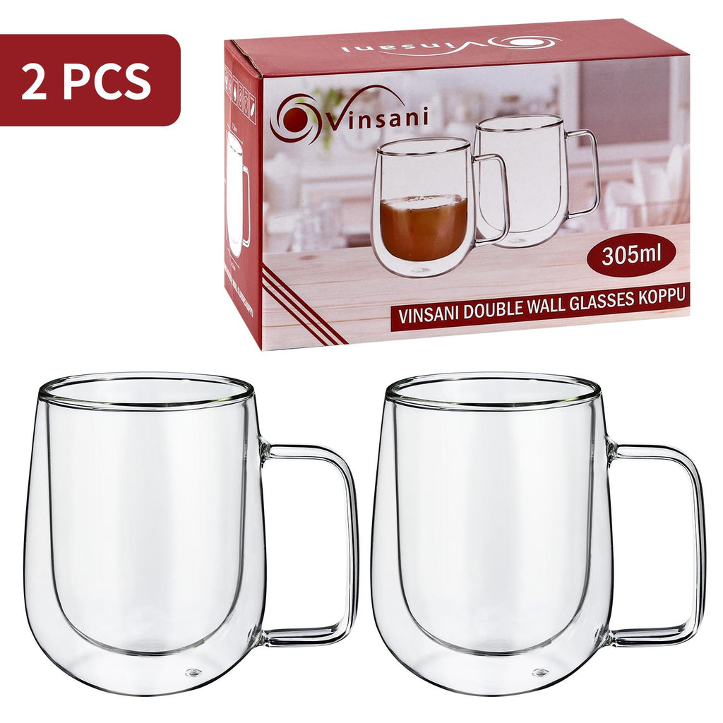 Set of two KOPPU design double wall glasses, 80ml borosilicate, showcasing a sleek, modern look for home use.