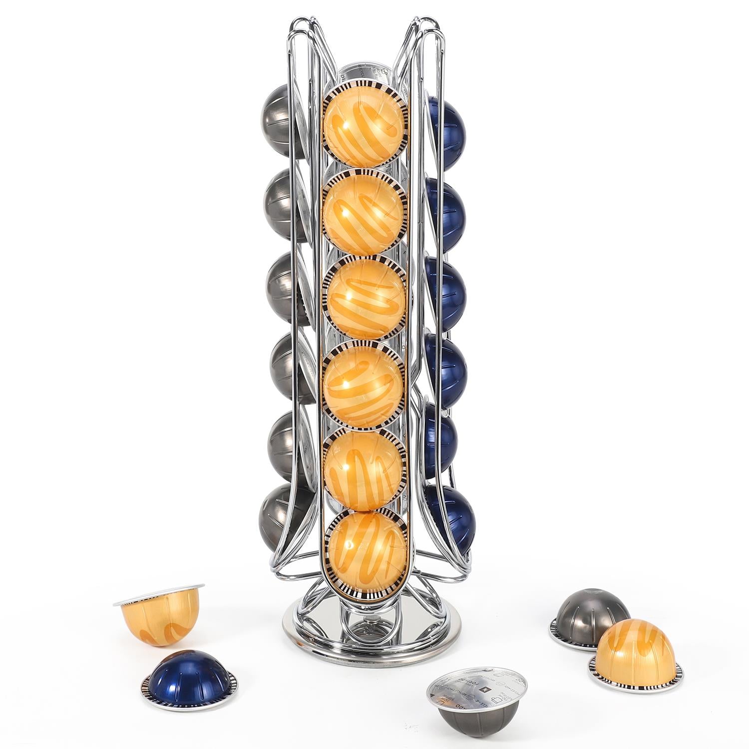 Chrome coffee pod holder for 24 Vertuo capsules with a swivel base by Vinsani, showcasing organized coffee storage.