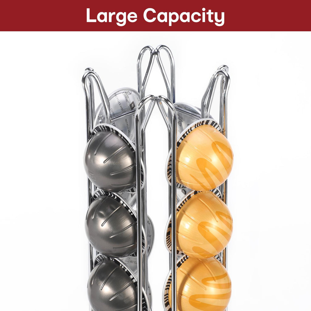 Chrome coffee pod holder with swivel base, designed for 24 Vertuo capsules by Vinsani.