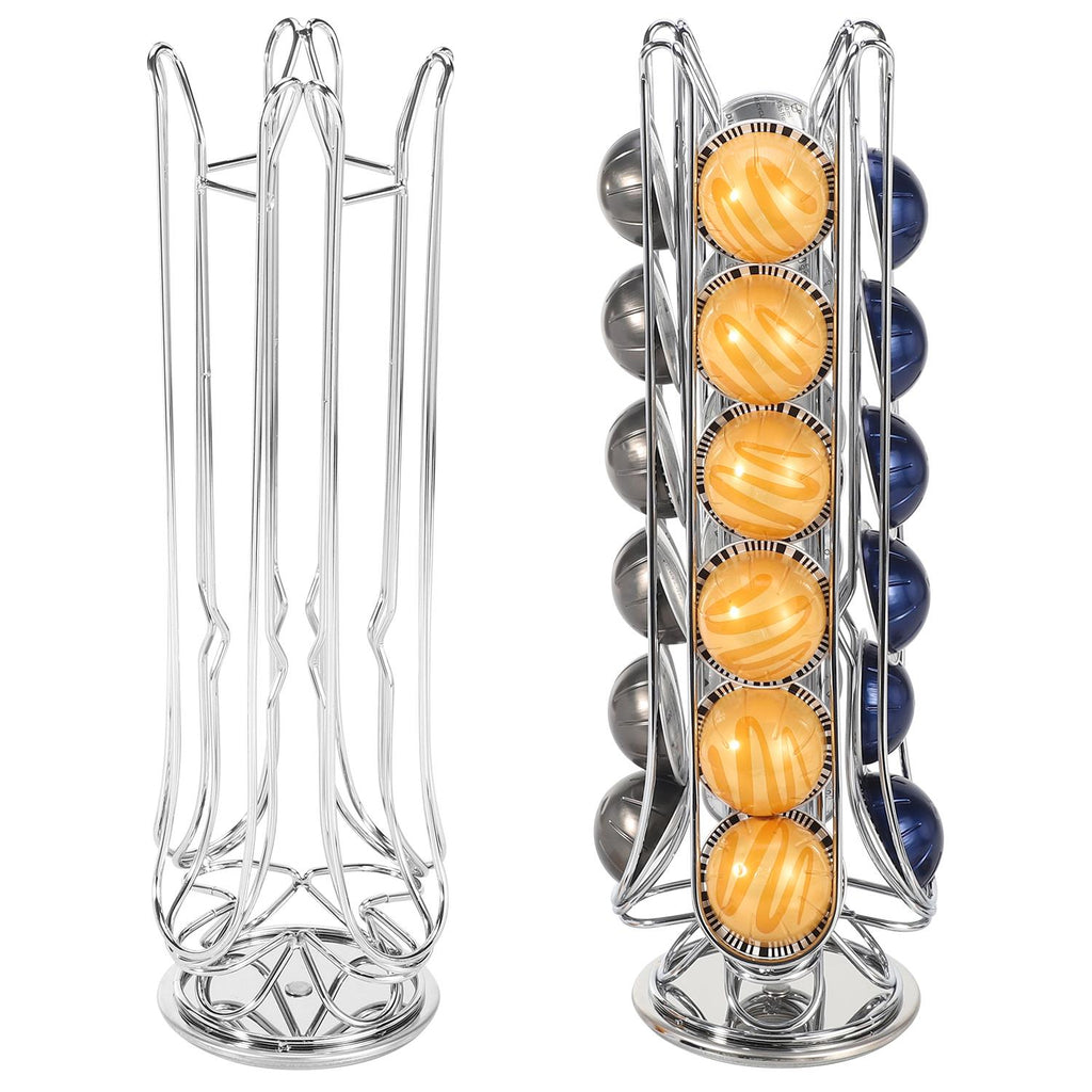 Chrome coffee pod holder for 24 Vertuo capsules with a swivel base by Vinsani, showcasing a modern design.