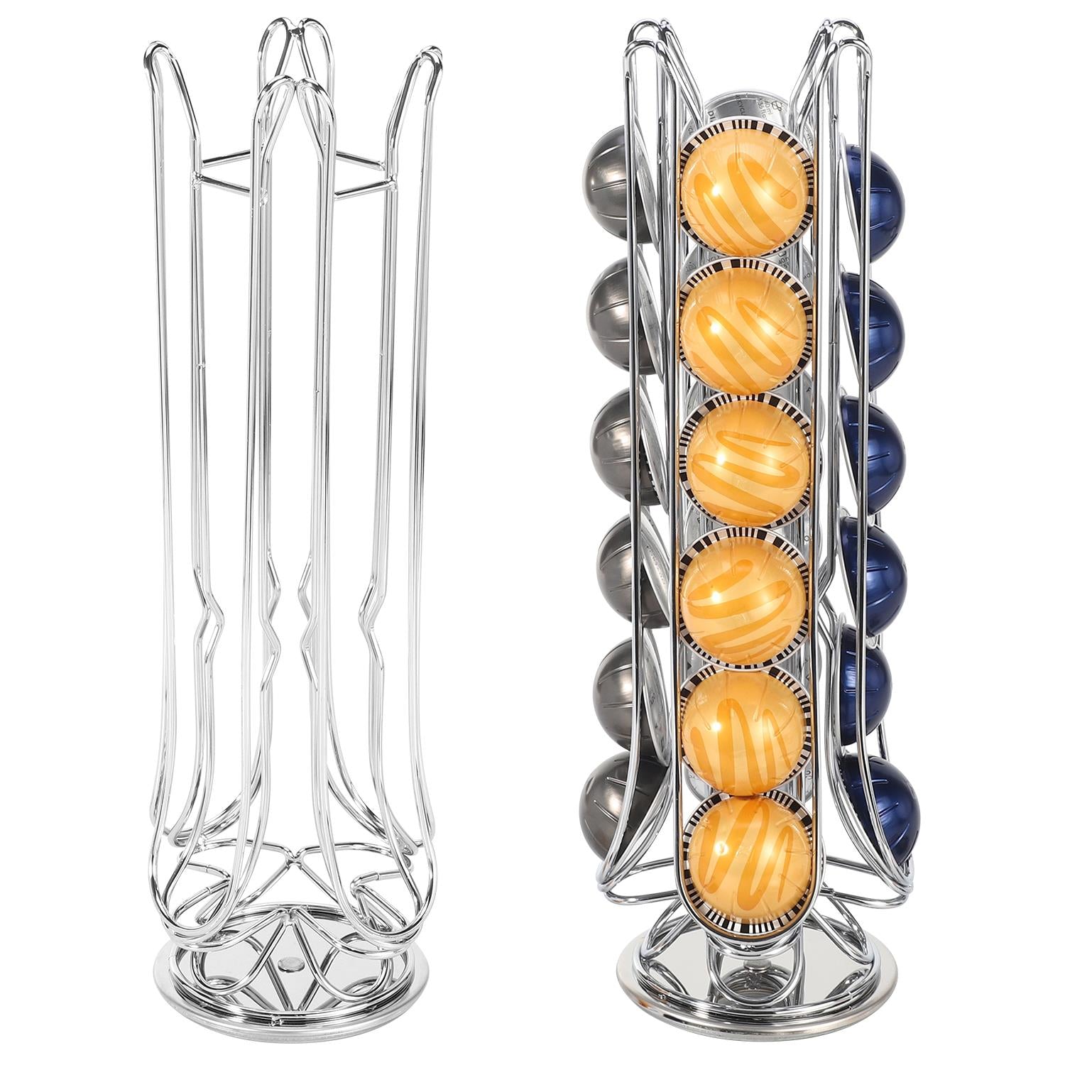 Chrome coffee pod holder for 24 Vertuo capsules with a swivel base by Vinsani, showcasing a modern design.