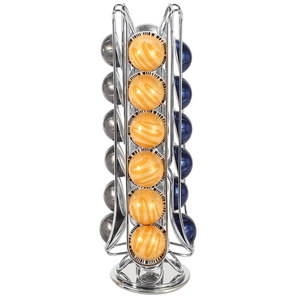 Chrome coffee pod holder with swivel base for 24 Vertuo capsules by Vinsani, showcasing a sleek and modern design.
