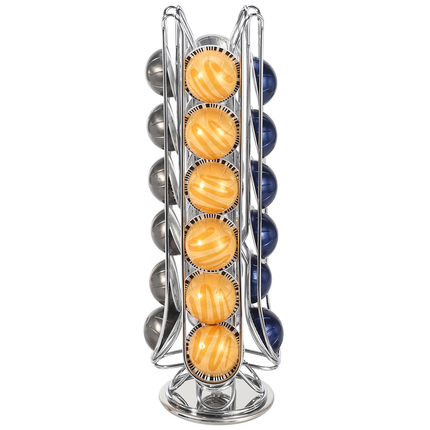 Chrome coffee pod holder with swivel base for 24 Vertuo capsules by Vinsani, showcasing a sleek and modern design.