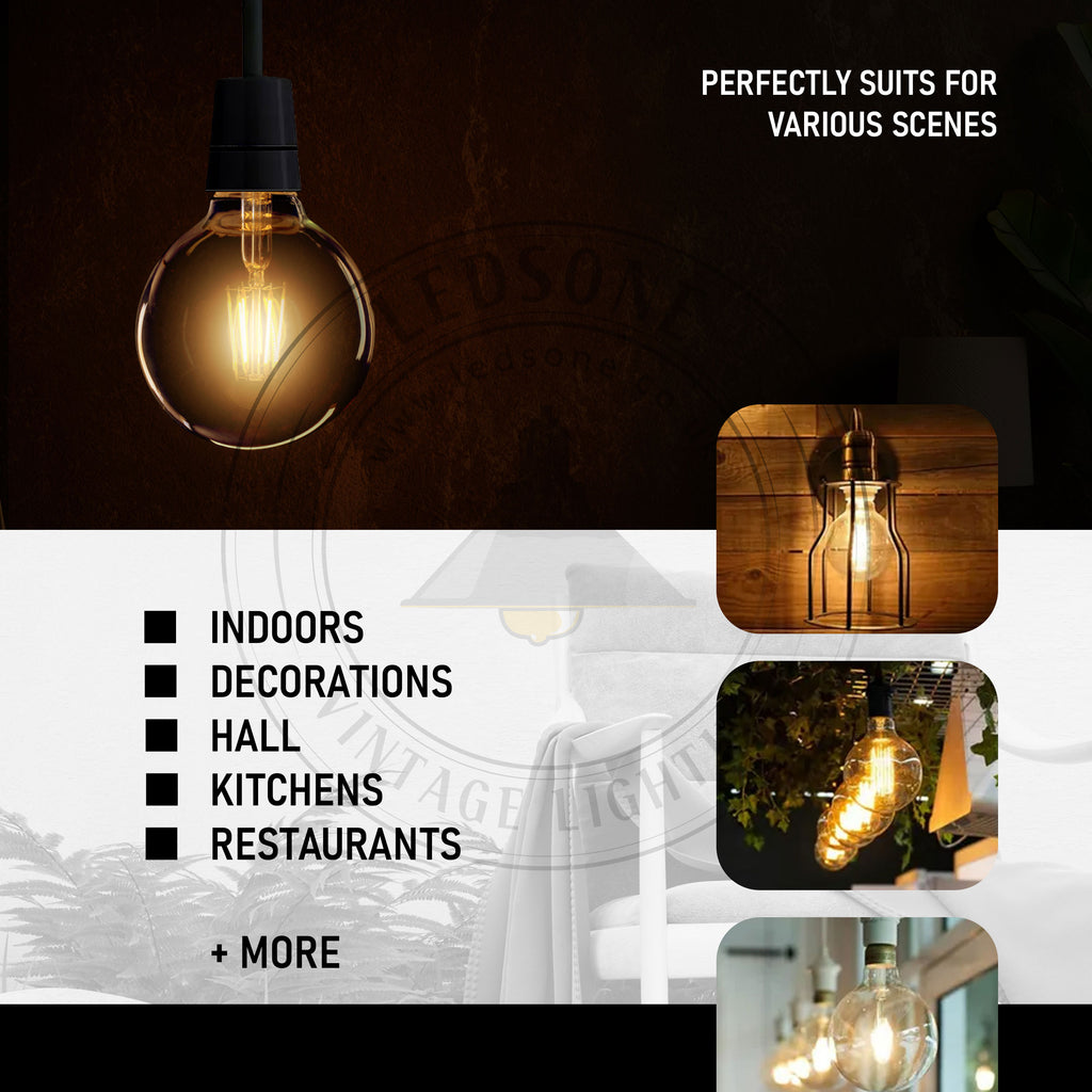LED Edison bulbs in vintage amber glass, E27 dimmable, 2700K, 2 pack by Ledsone, showcasing warm, ambient lighting.