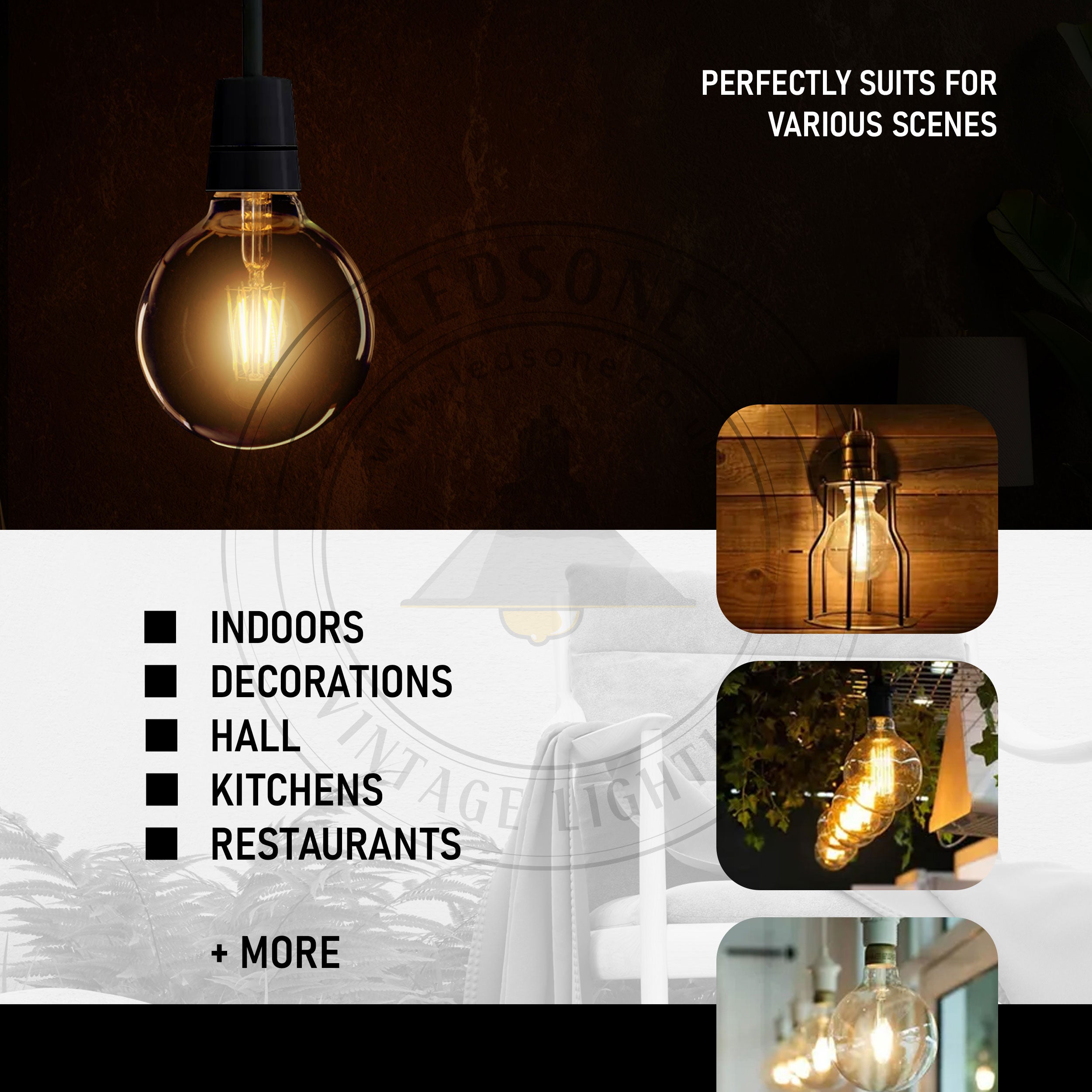 LED Edison bulbs in vintage amber glass, E27 dimmable, 2700K, 2 pack by Ledsone, showcasing warm, ambient lighting.