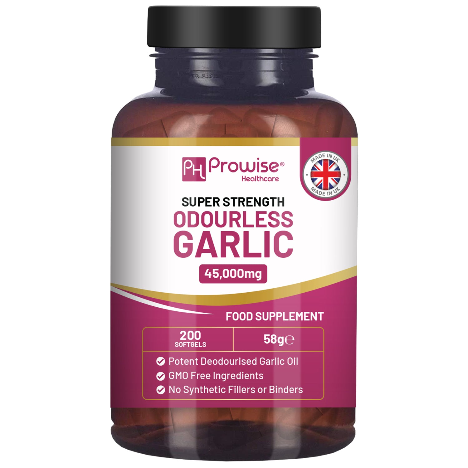 Premium odourless garlic capsules by Prowise, showcasing a bottle of high-strength 45,000mg softgels on a neutral background.