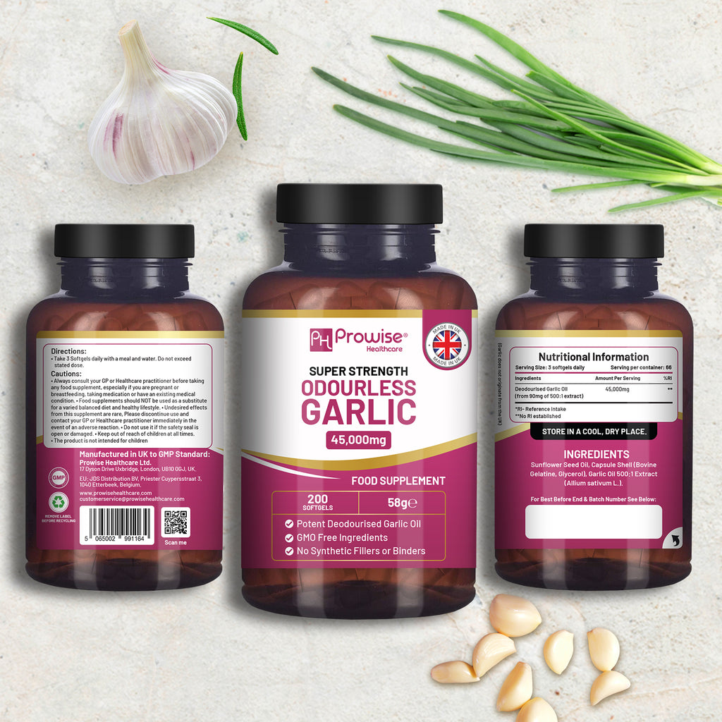 Premium odourless garlic capsules by Prowise, showcasing 200 softgels with high strength of 45,000mg.