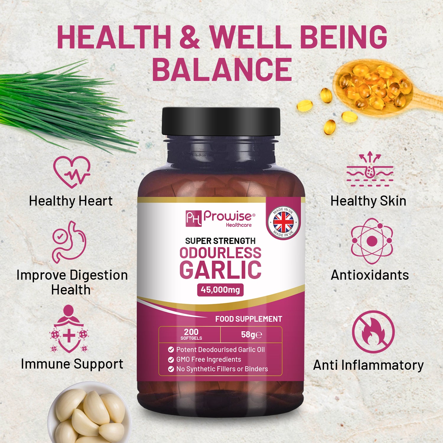 Premium odourless garlic capsules by Prowise, showcasing high-strength 45,000mg softgels in a clear bottle.