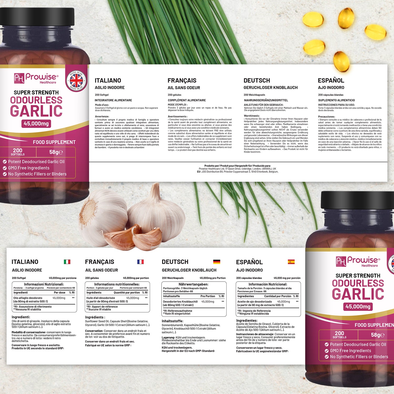 Premium odourless garlic capsules by Prowise, showing a bottle with 200 softgels and a high strength of 45,000mg.