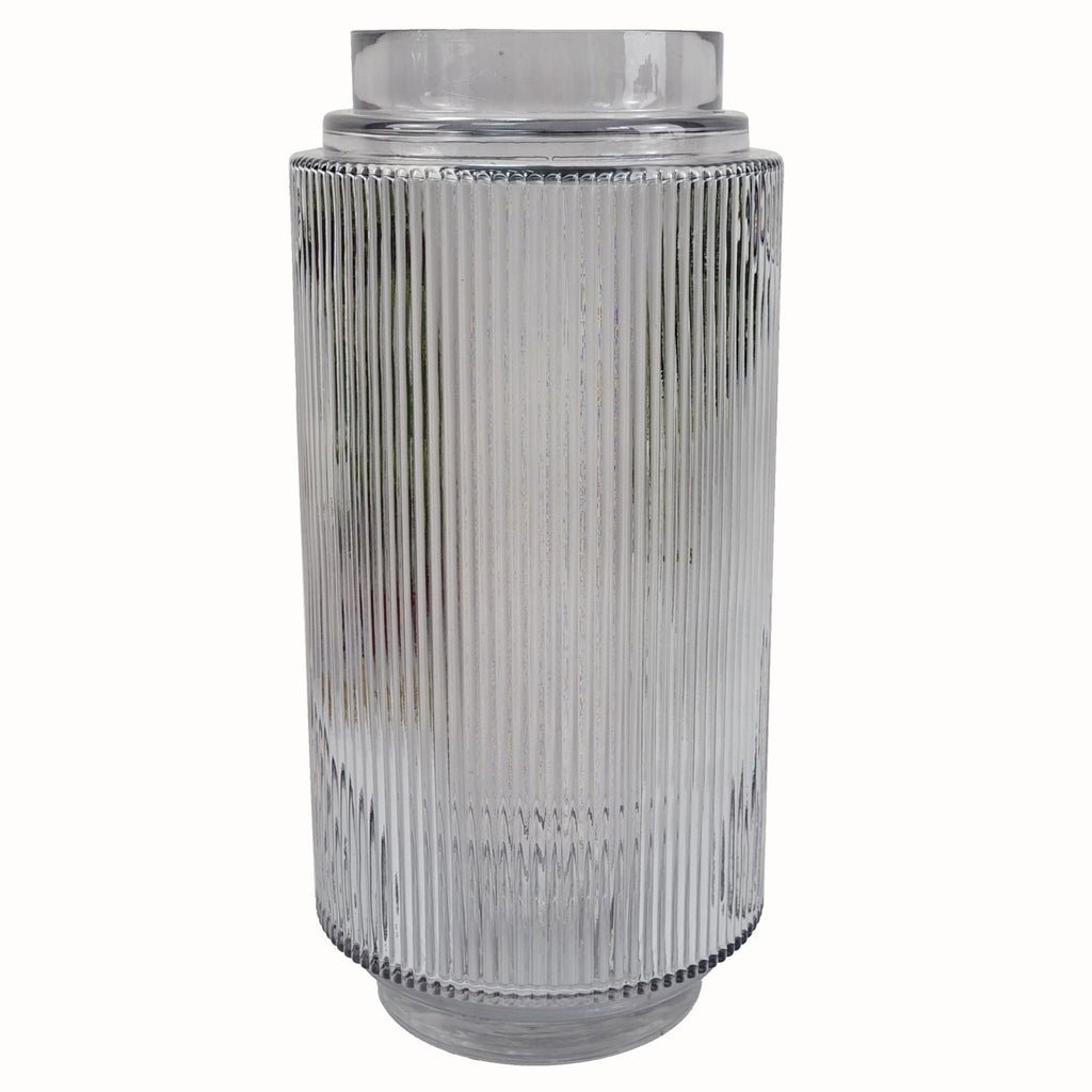 Hand-finished 31cm clear ridged glass vase with an offset pattern by Leaf, showcasing elegant design and craftsmanship.